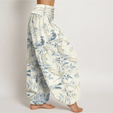 Buddha Stones Cotton Birds Branches Flowers Pattern Women's Elastic Waist Harem Pants