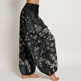 Buddha Stones Cotton Casual Daisy Flowers Leaves Design Women's Elastic Waist Harem Pants