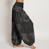 Buddha Stones Cotton Koi Fish Floral Pattern Women's Elastic Waist Harem Pants