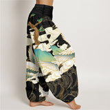 Buddha Stones Cotton Flying Cranes Auspicious Clouds Tree women's Elastic Waist Harem Pants