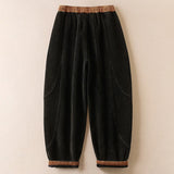 Buddha Stones Color Contrast Corduroy Cotton Women's Thermal Fleece-Lined Harem Pants With Pockets