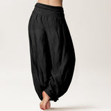 Buddha Stones Pure Cotton Plain Black Women's Elastic Waist Harem Pants