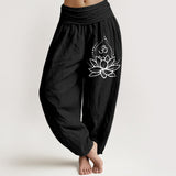 Buddha Stones Blooming Lotus Om Symbol Pattern Women's Elastic Waist Harem Cotton Pants