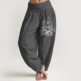 Buddha Stones Blooming Lotus Om Symbol Pattern Women's Elastic Waist Harem Cotton Pants