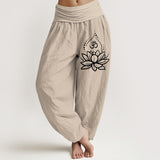 Buddha Stones Blooming Lotus Om Symbol Pattern Women's Elastic Waist Harem Cotton Pants