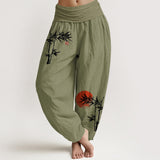 Buddha Stones Bamboo Leaves Red Sun Pattern Women's Elastic Waist Harem Pure Cotton Pants