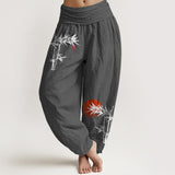 Buddha Stones Bamboo Leaves Red Sun Pattern Women's Elastic Waist Harem Pure Cotton Pants