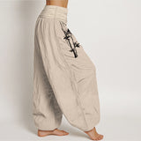 Buddha Stones Bamboo Leaves Red Sun Pattern Women's Elastic Waist Harem Pure Cotton Pants