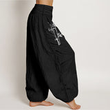 Buddha Stones Bamboo Leaves Red Sun Pattern Women's Elastic Waist Harem Pure Cotton Pants