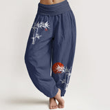 Buddha Stones Bamboo Leaves Red Sun Pattern Women's Elastic Waist Harem Pure Cotton Pants