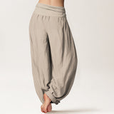 Buddha Stones Bamboo Leaves Red Sun Pattern Women's Elastic Waist Harem Pure Cotton Pants