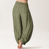 Buddha Stones Bamboo Leaves Red Sun Pattern Women's Elastic Waist Harem Pure Cotton Pants