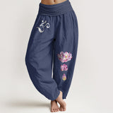 Buddha Stones Blooming Lotus Om Symbol Pattern Women's Elastic Waist Harem Pure Cotton Pants