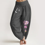 Buddha Stones Blooming Lotus Om Symbol Pattern Women's Elastic Waist Harem Pure Cotton Pants