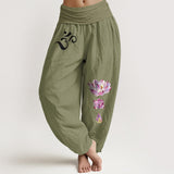 Buddha Stones Blooming Lotus Om Symbol Pattern Women's Elastic Waist Harem Pure Cotton Pants