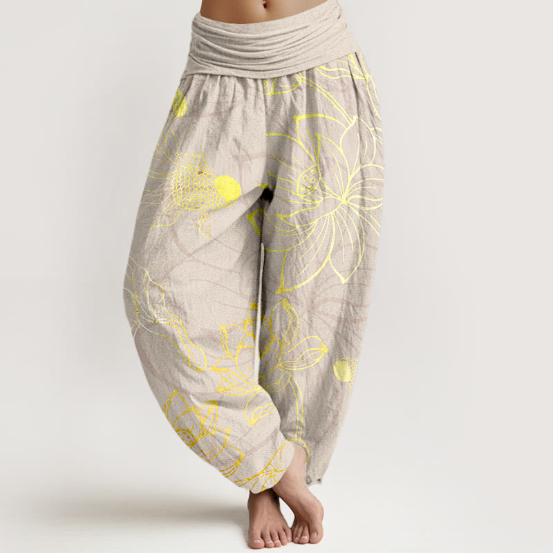 Buddha Stones Cotton Lotus Leaf Koi Fish Women's Elastic Waist Harem Pants