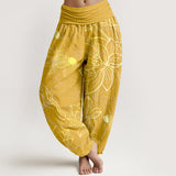 Buddha Stones Cotton Lotus Leaf Koi Fish Women's Elastic Waist Harem Pants