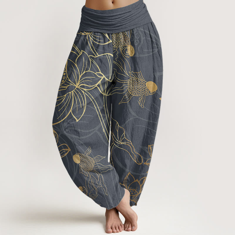 Buddha Stones Cotton Lotus Leaf Koi Fish Women's Elastic Waist Harem Pants