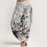 Buddha Stones Cotton Plum Blossoms Bamboo Orchids Chrysanthemums Pattern Women's Elastic Waist Harem Pants