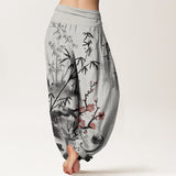 Buddha Stones Cotton Plum Blossoms Bamboo Orchids Chrysanthemums Pattern Women's Elastic Waist Harem Pants