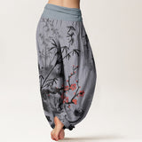 Buddha Stones Cotton Plum Blossoms Bamboo Orchids Chrysanthemums Pattern Women's Elastic Waist Harem Pants
