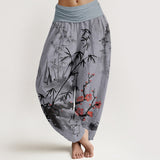 Buddha Stones Cotton Plum Blossoms Bamboo Orchids Chrysanthemums Pattern Women's Elastic Waist Harem Pants