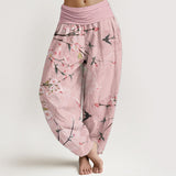 Buddha Stones Pure Cotton Peach Blossoms Flying Geese Pattern Women's Elastic Waist Harem Pants
