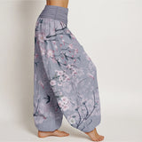 Buddha Stones Pure Cotton Peach Blossoms Flying Geese Pattern Women's Elastic Waist Harem Pants