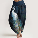 Buddha Stones Pure Cotton Gorgeous Peacock Pattern Women's Elastic Waist Harem Pants
