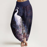 Buddha Stones Pure Cotton Gorgeous Peacock Pattern Women's Elastic Waist Harem Pants