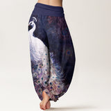 Buddha Stones Pure Cotton Gorgeous Peacock Pattern Women's Elastic Waist Harem Pants