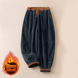 Buddha Stones Color Contrast Corduroy Cotton Women's Thermal Fleece-Lined Harem Pants With Pockets