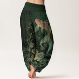 Buddha Stones Lotus Koi Fish Pattern Women's Elastic Waist Pure Cotton Harem Pants