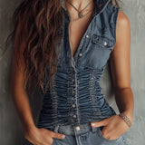 Retro Blue Ruched Denim Sleeveless Shirt