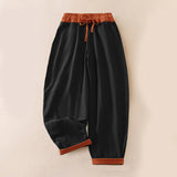 Buddha Stones Color Contrast Corduroy Cotton Women's Thermal Fleece-Lined Harem Pants With Pockets