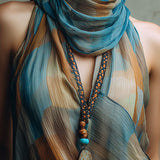 Boho Blue And Amber Chiffon Halter Blouse With Scarf Neck
