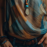 Boho Blue And Amber Chiffon Halter Blouse With Scarf Neck