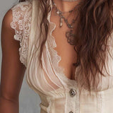 Sleeveless Ruffle Lace Trim Button Front Ruched Slim Corset Top