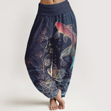 Buddha Stones Lotus Koi Fish Pattern Women's Elastic Waist Pure Cotton Harem Pants