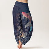 Buddha Stones Lotus Koi Fish Pattern Women's Elastic Waist Pure Cotton Harem Pants