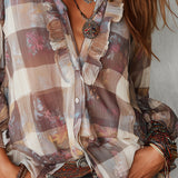 Bohemian Plaid Floral Chiffon Print Blouse With Ruffles