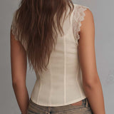 Sleeveless Ruffle Lace Trim Button Front Ruched Slim Corset Top