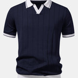 Contrast Trim Ribbed Johnny Collar Knit Polo & Elastic Waist Straight Leg Trousers