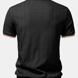 Contrast Trim Textured Zipper Knit Polo & Elastic Waist Straight Leg Trousers