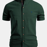Short Sleeve Linen Look Stand Collar Shirt & Straight Leg Linen Pants