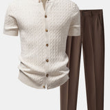 Twisted Jacquard Crew Neck Button Up Knit Shirt & Slim Fit Tapered Trousers