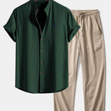 Short Sleeve Linen Look Stand Collar Shirt & Crinkle Textured Straight Leg Pants