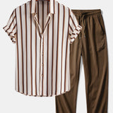Stripe Waffle Button Up Shirt & Crinkle Textured Straight Leg Pants
