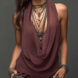 Earth-Tone Double-Layer Mesh Knit Halter Top