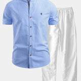 Short Sleeve Cotton Stripe Stand Collar Shirt & Straight Leg Linen Pants